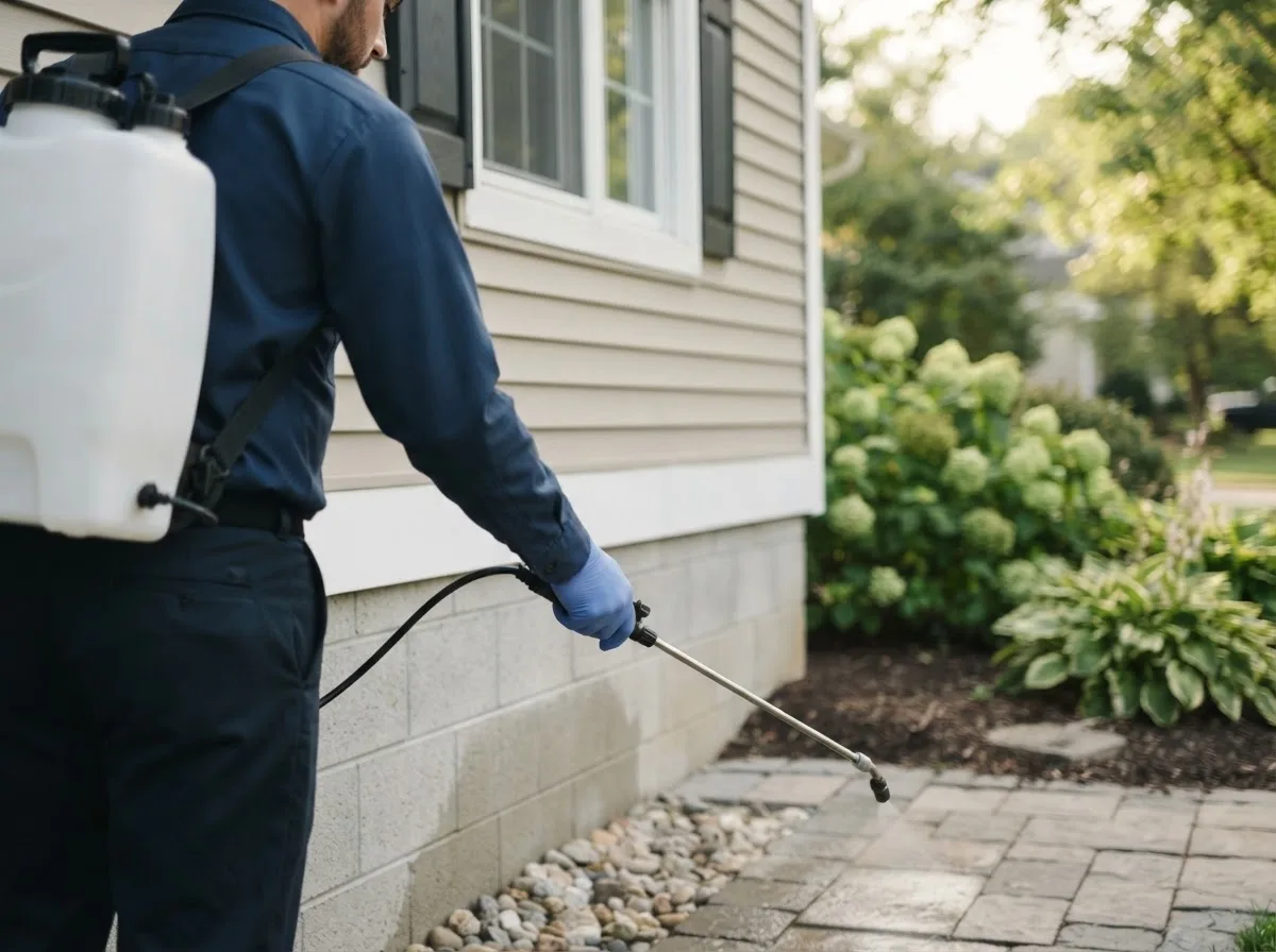 Pest control technician inspecting a home in Sheldahl, IA